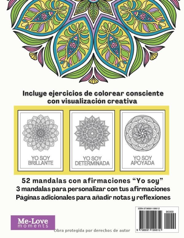 Spanish-language product cover for a coloring/mandala booklet. The cover shows a large decorative mandala at the top, three smaller mandala sample panels with text labels, and Spanish descriptive text about included exercises and pages.