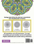 Spanish-language product cover for a coloring/mandala booklet. The cover shows a large decorative mandala at the top, three smaller mandala sample panels with text labels, and Spanish descriptive text about included exercises and pages.